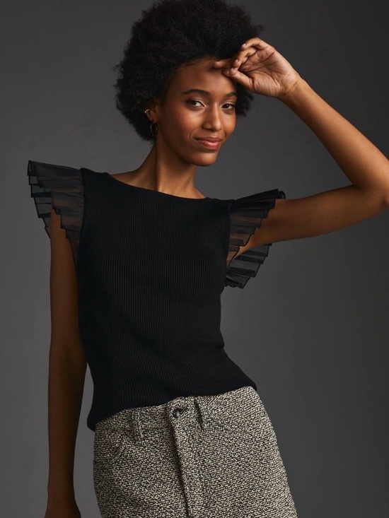 Anthropologie Tops - Anthropologie Black Ruffled-Sleeve Knit Tank